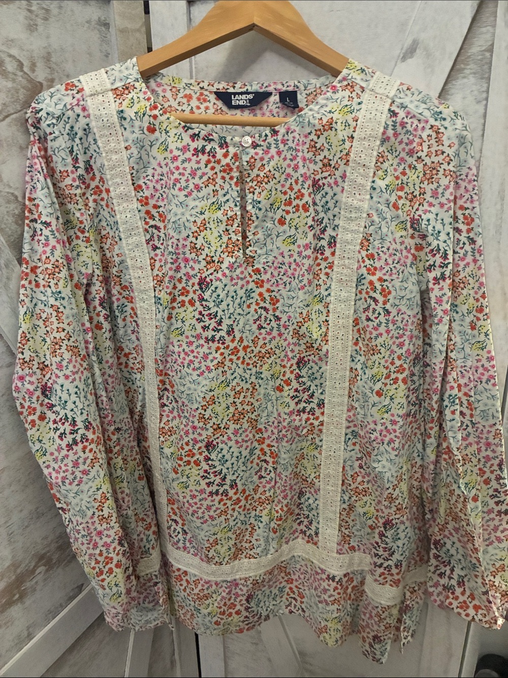 Lands' End White Multicolor Floral Crochet-Trim Top